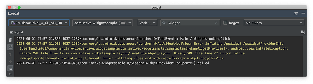 A screenshot of the Android Studio Logcat window showing an error log regarding Widget view inflation for the tag AppWidgetHostView
