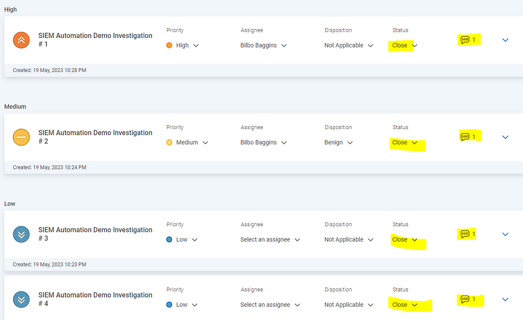 Investigation page from InsightIDR highlighting the closed status and comment added to each investigation.