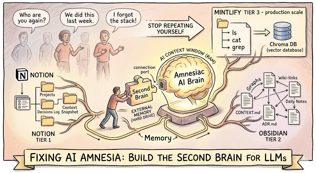 How to use Notion, Obsidian, or Mintlify as a Second Brain for LLMs — and stop repeating yourself every single session.