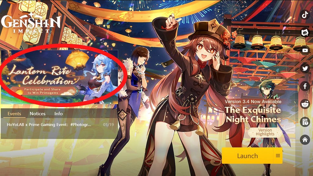 Web Events section circled in Genshin Impact’s launch menu