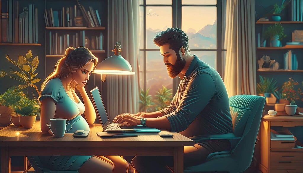 a married couple working from home. The man, with a beard, is focused on his laptop, while the pregnant woman beside him is also working on her laptop. They appear to be in a cozy home office setting, with a bookshelf, potted plants, and a window with a scenic mountain view in the background. Warm lighting from a desk lamp adds a soft glow to the scene.