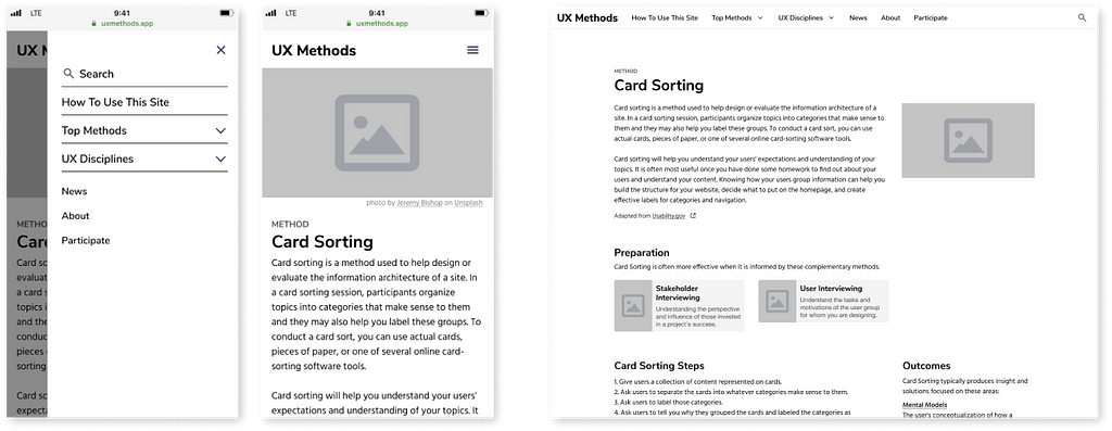 Mobile and desktop wireframes for the UX Methods website