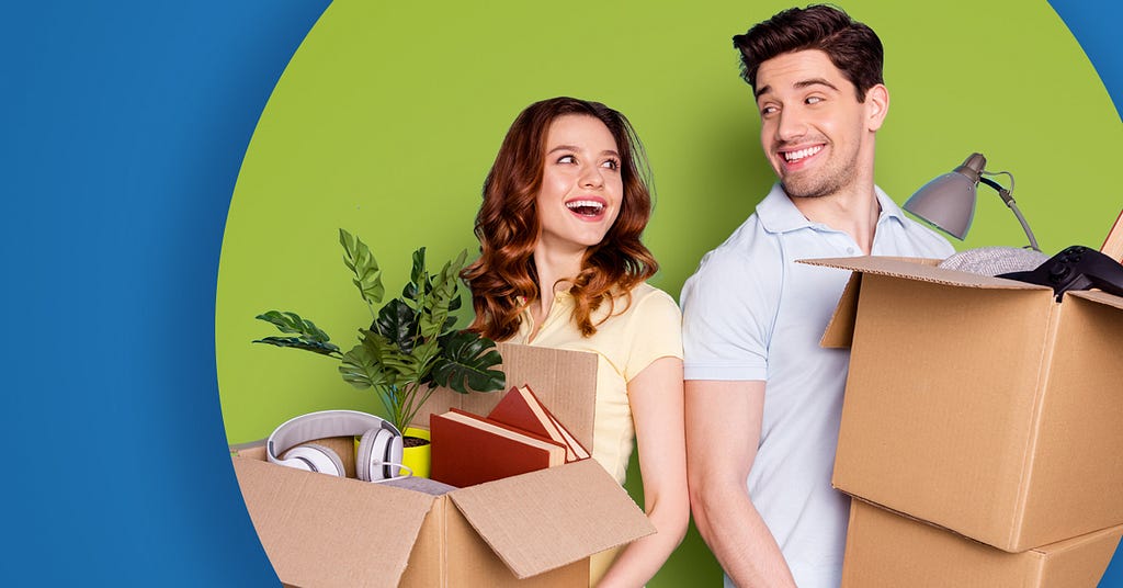 Start saving for your new home. Hetero couple with moving boxes