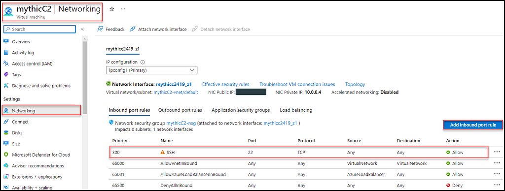 Figure 05- shows the Networking location in the VM settings. r3d-buck3t, azure, vm, c2, mythic