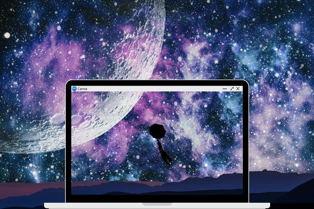 A Canva design of a boy flying to the moon using an umbrella goes beyond the laptop screen.