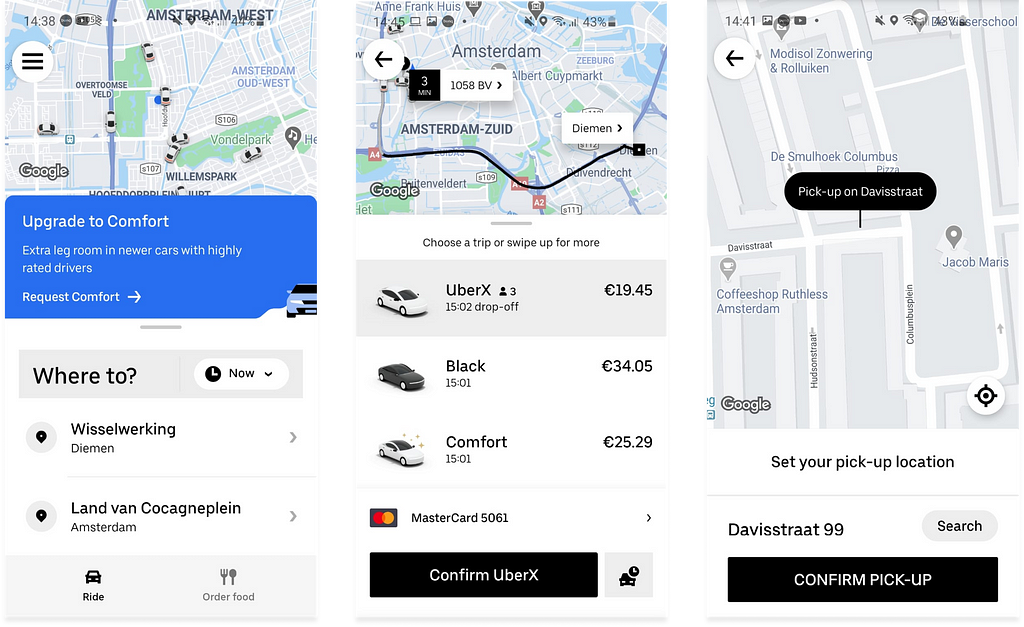 Three Uber screenshots focusing on entering destination, selecting a car, seeing the map and setting your location
