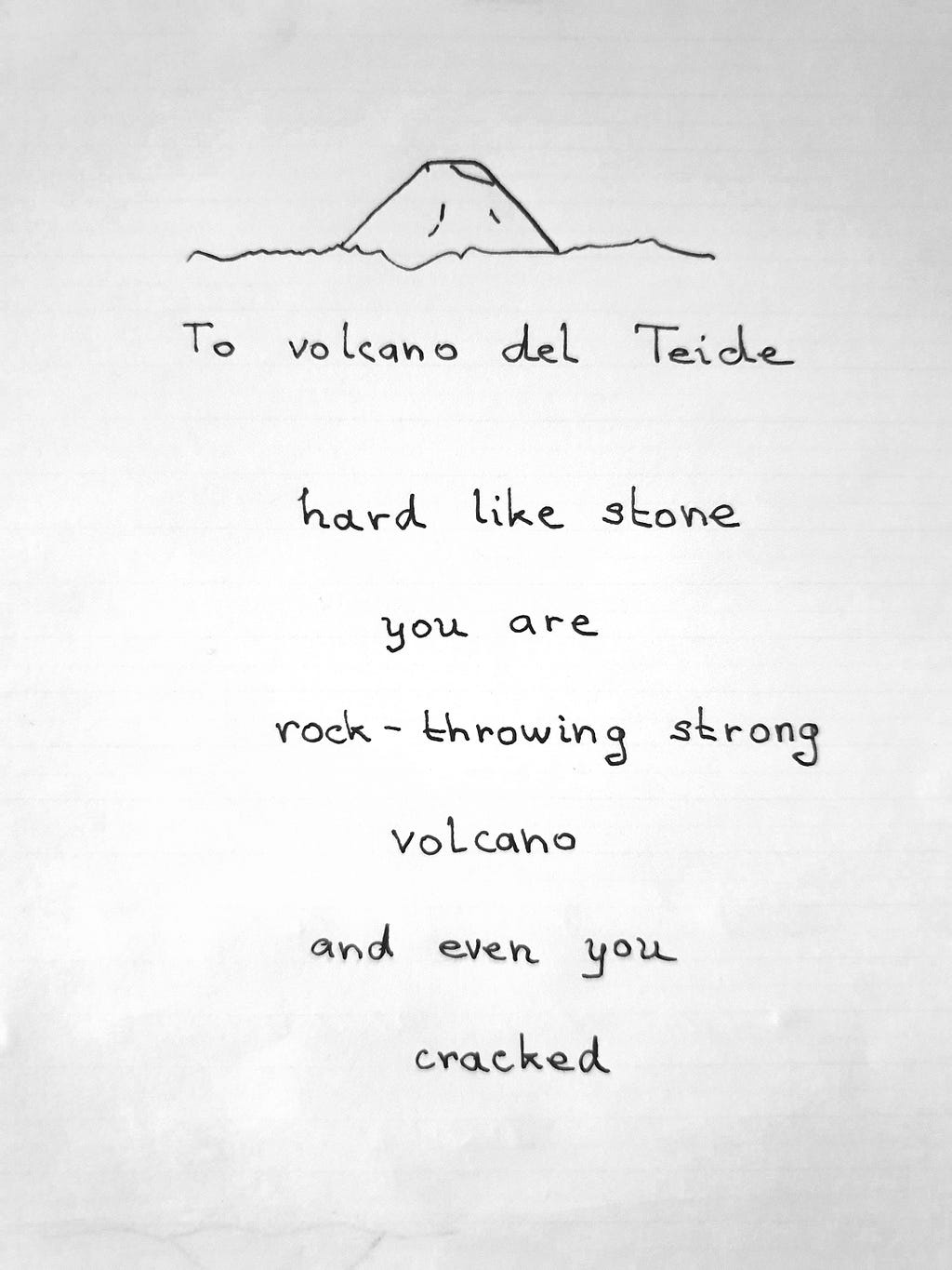 Handwritten text of the poem with a small drawing of volcano del Teide at the top.