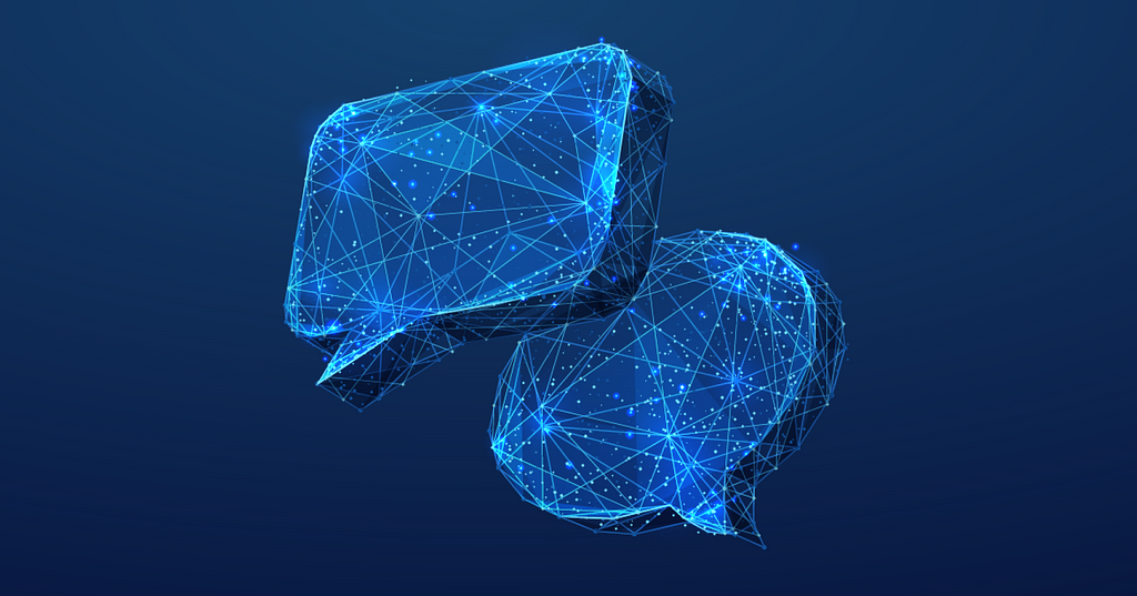 Two dialog clouds overlapping with complex webs inside them. It represents the concept of interpretation.