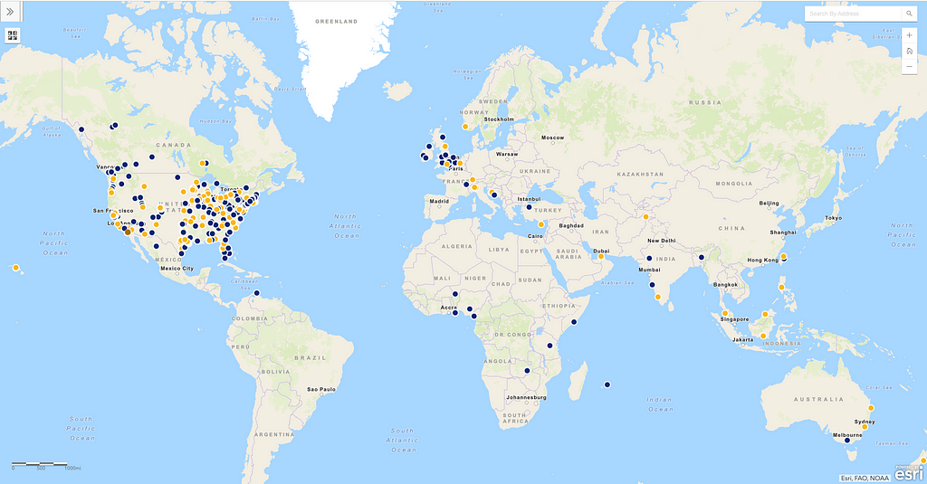 Maps showing points across the globe that have Earth Day cleanup events scheduled.