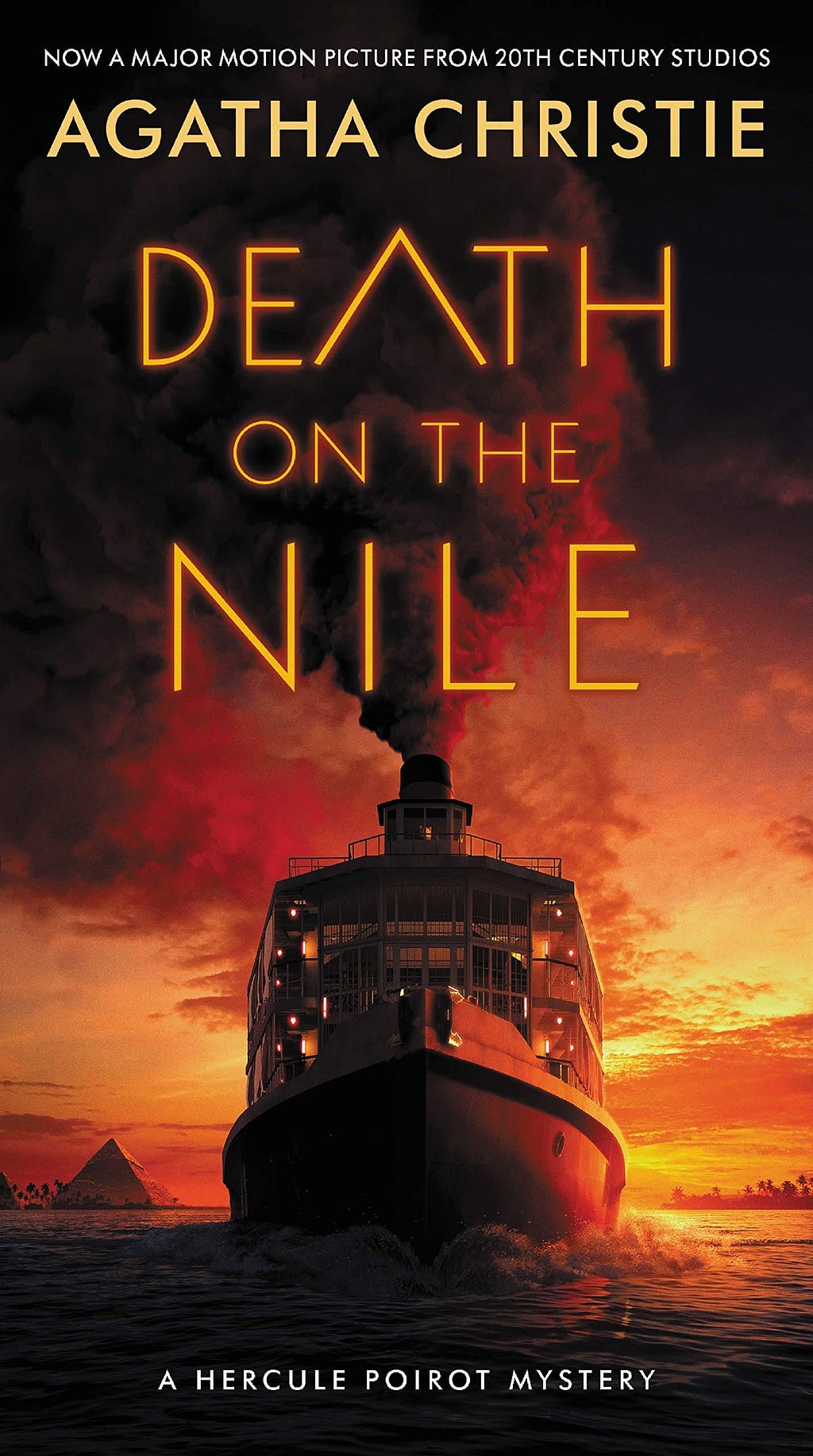 The cover of Death on the Nile by Agaht Christie is primarily gold, orange and black. A cruise ship looms ominously as if heading towards the viewer.