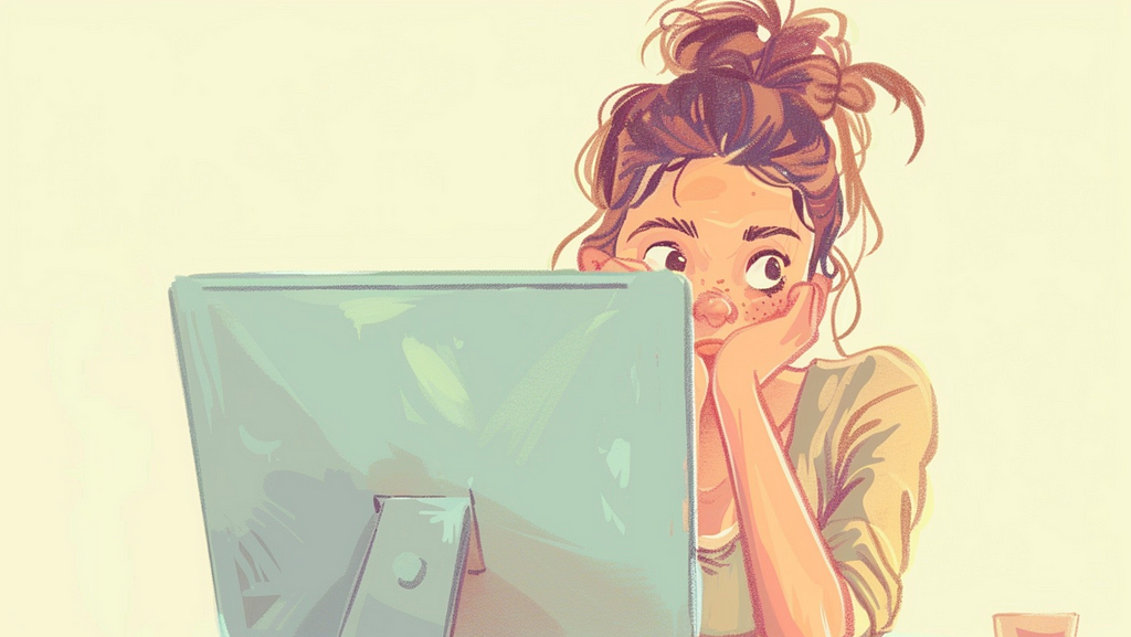 Young, white woman with messy brown hair tied up sat in front of a computer screen. She’s resting her head on her hands and looking fed up.