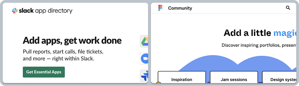 A composition of two screenshot close-ups of the marketplace names used by Slack and Figma. Slack uses “App directory”, and Figma uses “Community”.