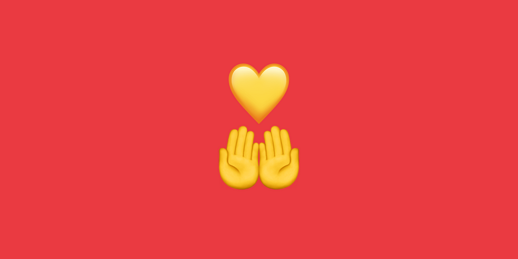 Emoji de duas mãos juntas com as palmas abertas viradas para cima e um coração representando a ideia do voluntariado e colocar a mão na massa.