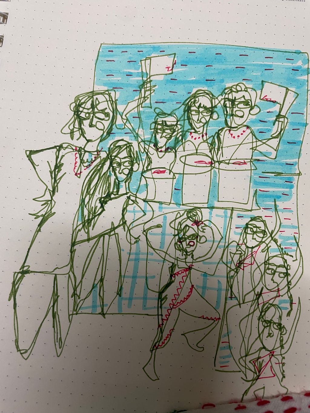 An image showing characters of the movie, the little girl, the koshai, creative people of the village — drawn using two colors in a style without removing the pen when drawing.