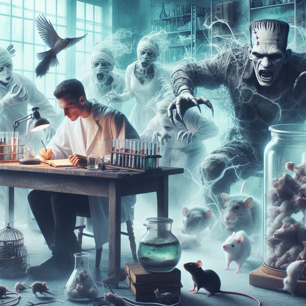 man sits at a desk while his laboratory erupts into chaos