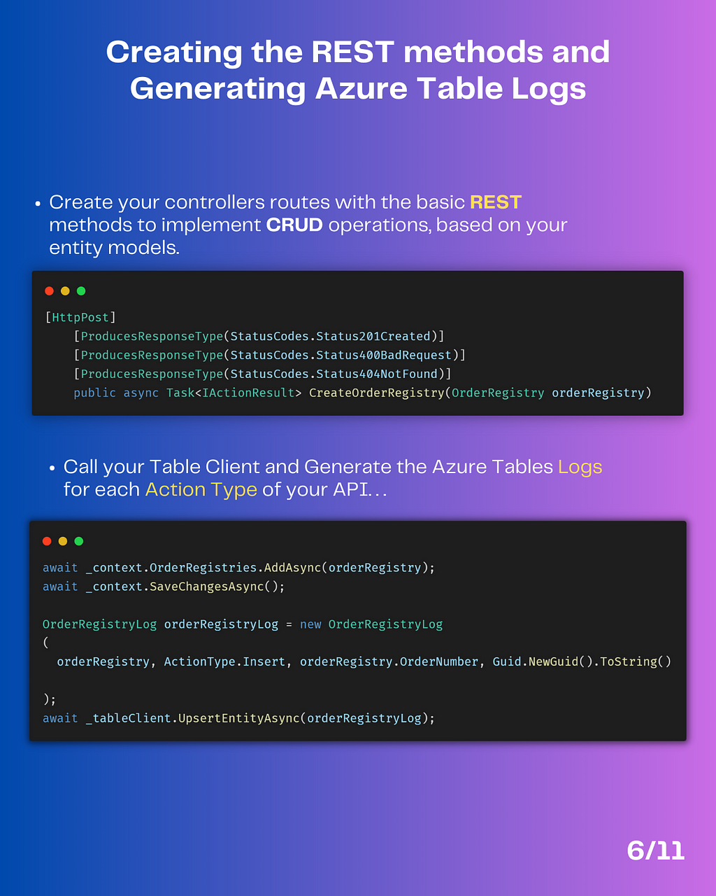 Creating REST methods and Generating Azure Table Logs