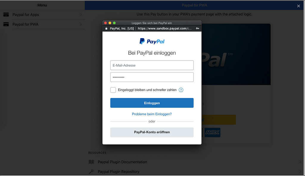 PayPal web script launches modal for login and payment