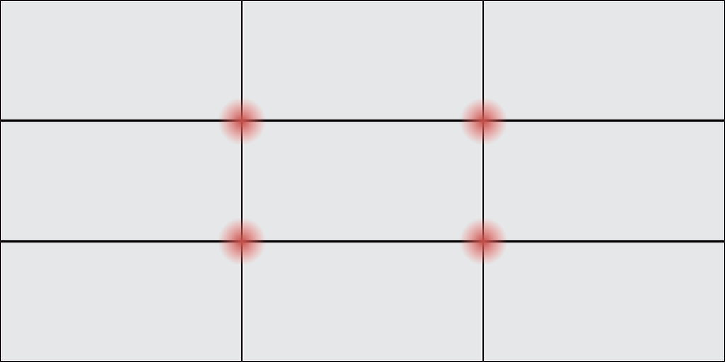 Basic frame showing what is the rule of thirds. The rule of thirds graphic design practice creates three open rows and columns, with lines that intersect at four central points in the frame.