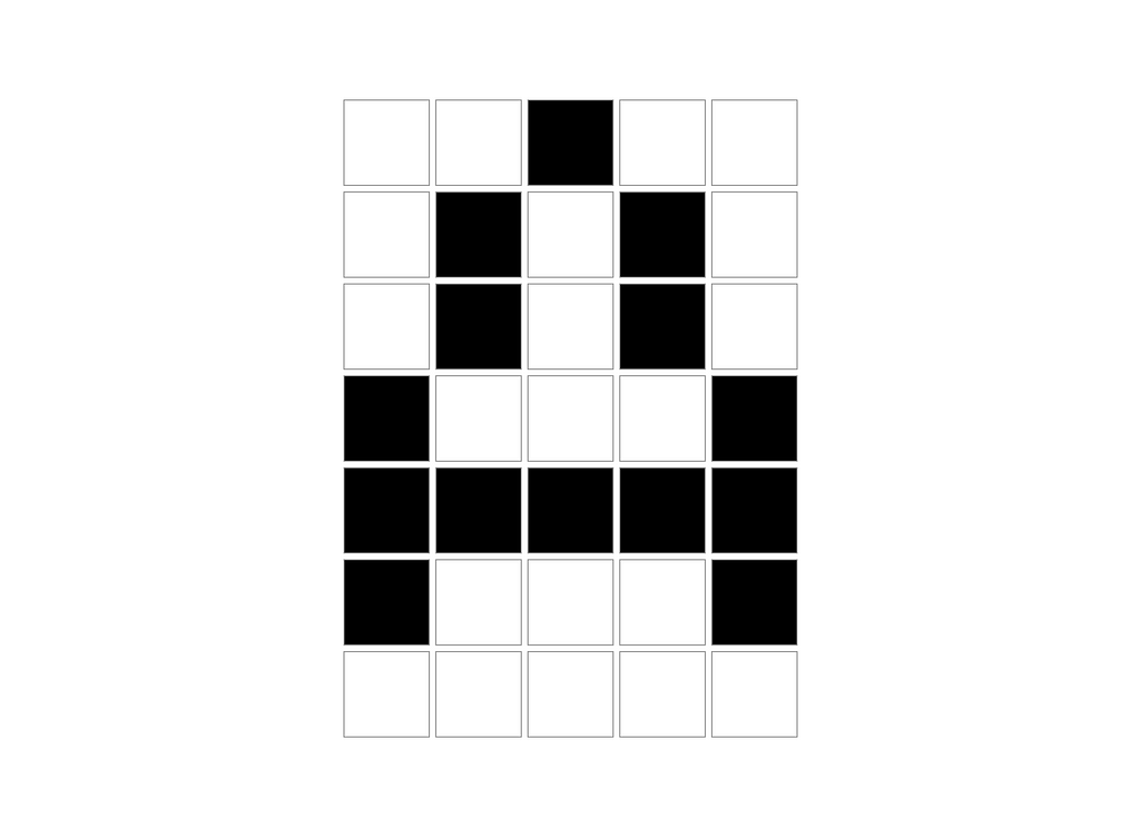 Bitmap-depiction of the letter “A” on a 5x7 grid.