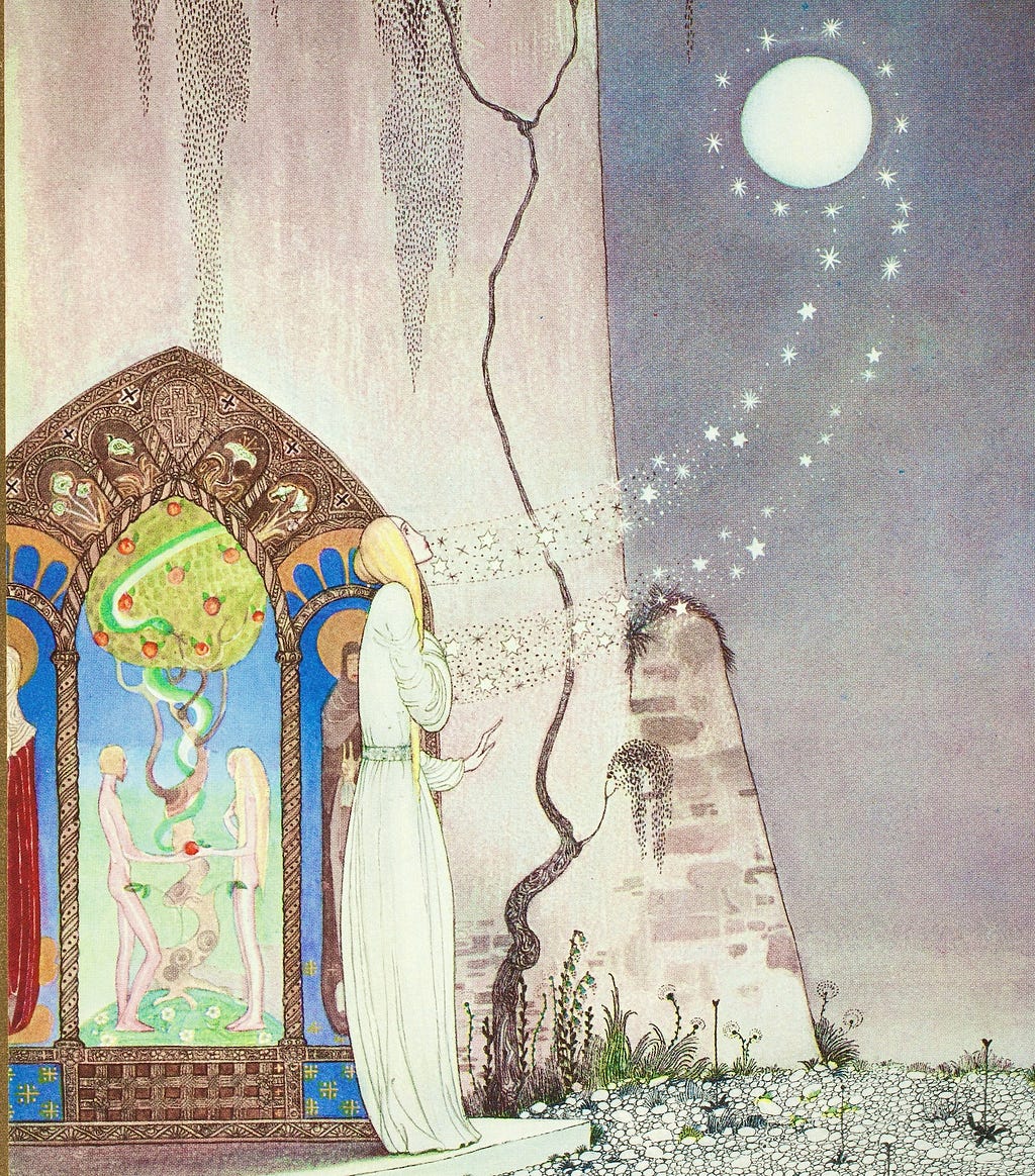 illustration of a young woman standing in front of a cracked tower with a colored doorway of adam and eve receiving stars streaming  into her head and heart.
