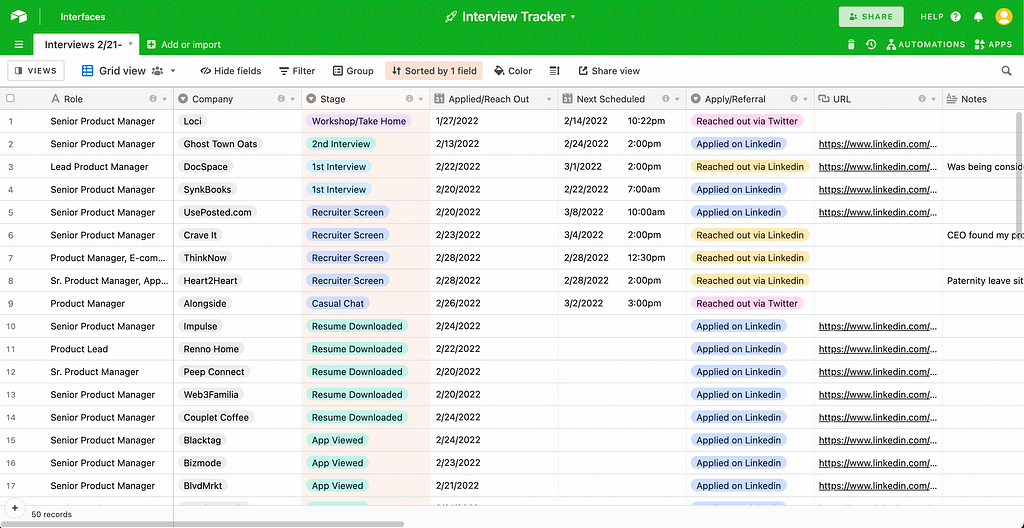 Screenshot of grid view of job tracker database