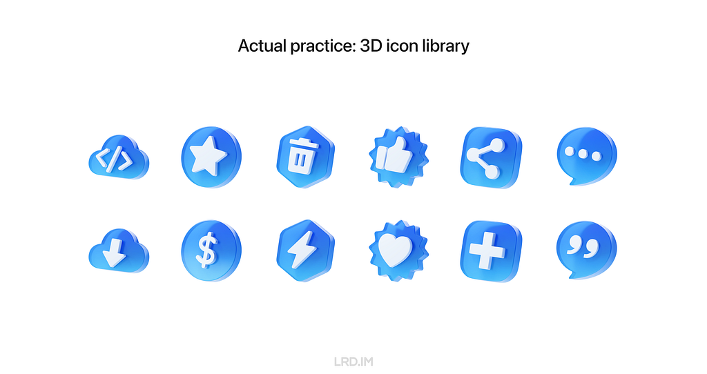 A screenshot shows a blue 3D glass-style icon library, including symbols such as code, star, trash can, like, share, chat bubble, download, dollar sign, lightning, heart, plus sign, and quotation marks.