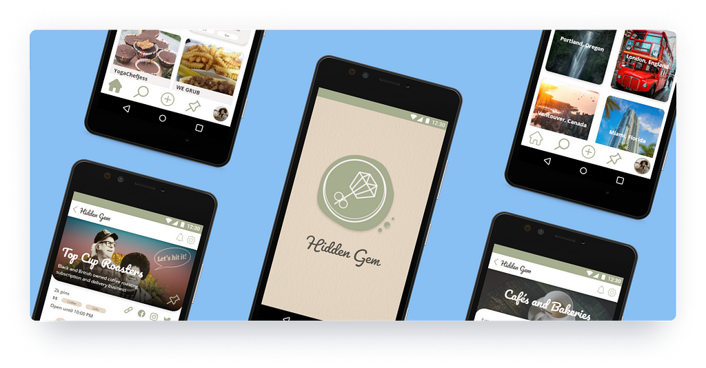Hidden Gem case study thumbnail displaying screens from the final prototype