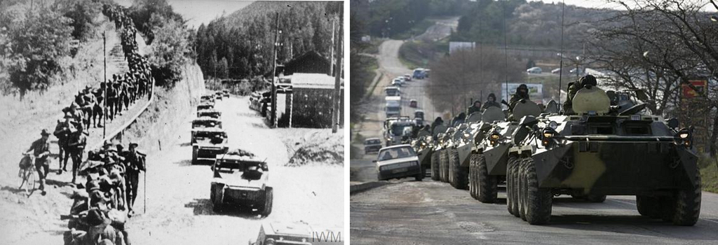 Italian armored vehicles and infantry advance into Abyssinia (Ethiopia), 1935 / Armored vehicles, believed to be Russian, advance into Crimea, Ukraine, in February 2014.