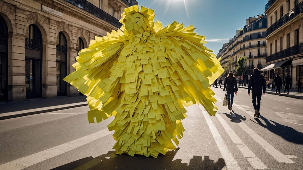 A human like creature covered head to toe in yellow post it notes standing on a street.