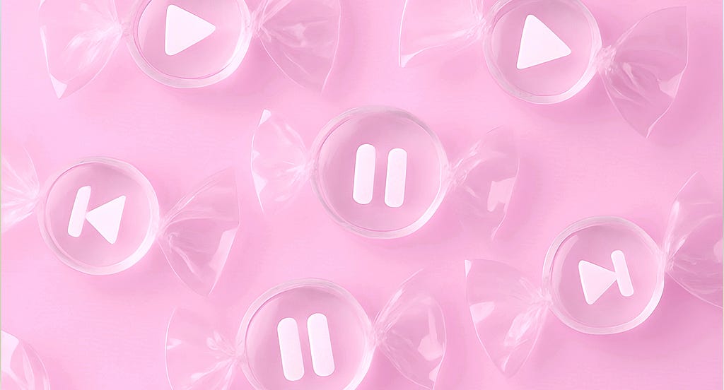 Translucent glass-like media control icons (play, pause, rewind, fast-forward) wrapped like candy on a soft pink background.