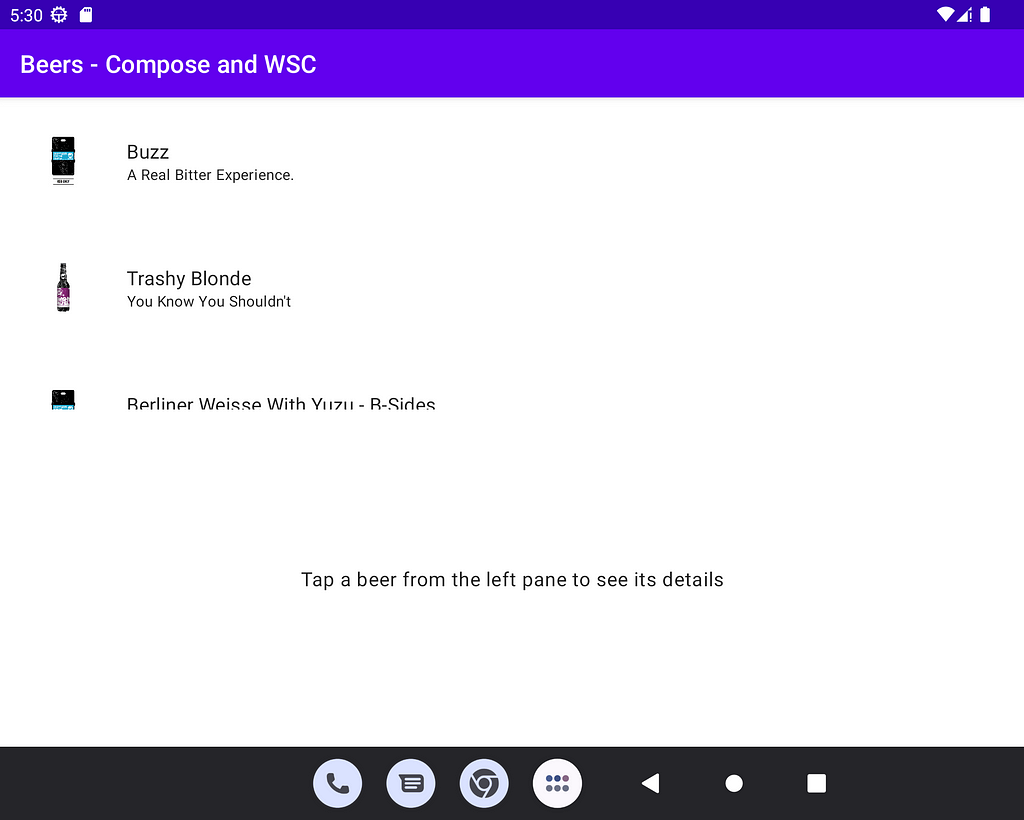 Captura de pantalla de la app en un foldable en modo landscape, sin establecer el parámetro foldAwareConfiguration del TwoPane.