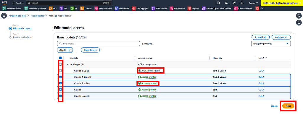 Amazon Bedrock screen showing a list of checkboxes that you can tick against models that you want to be granted access for before pressing the “Next” button.