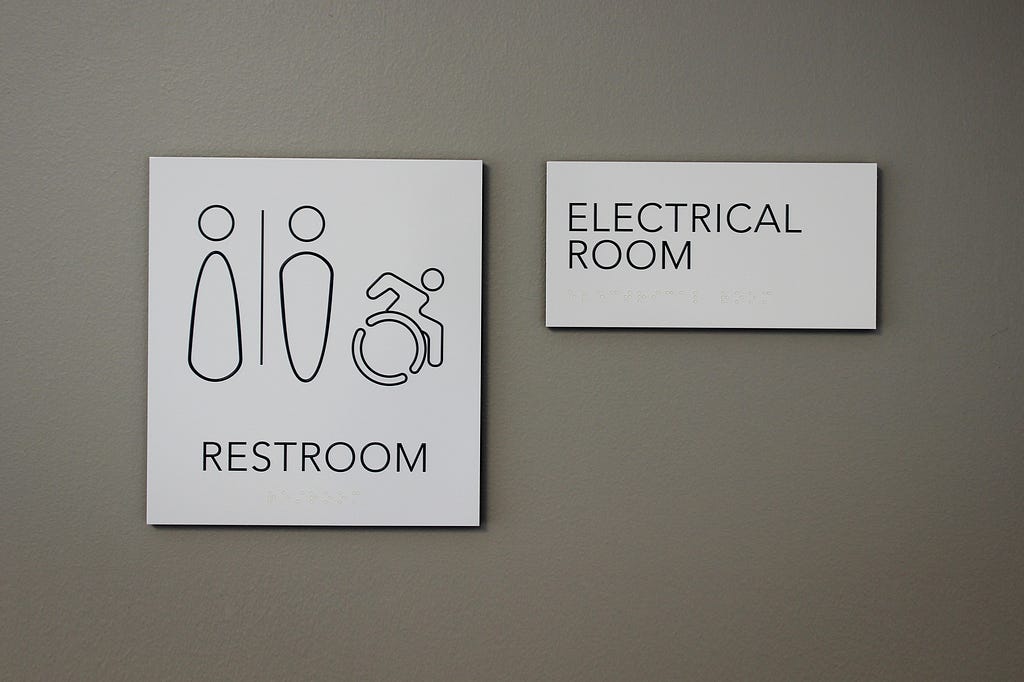 Restroom and room identification signs with raised copy and clear braille for the visually impaired.