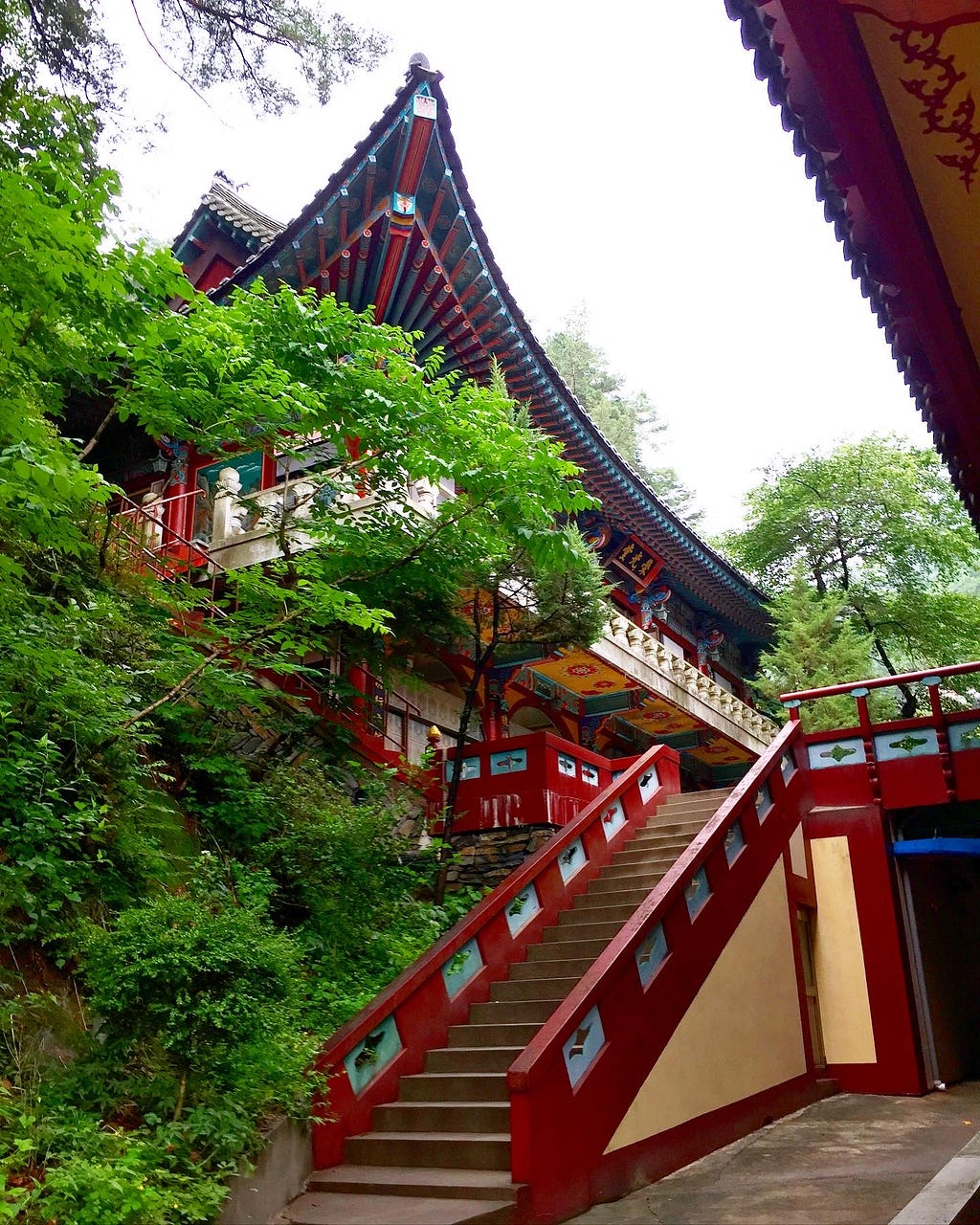 A set of stairs leading up to a traditional room at Guinsa Temple.