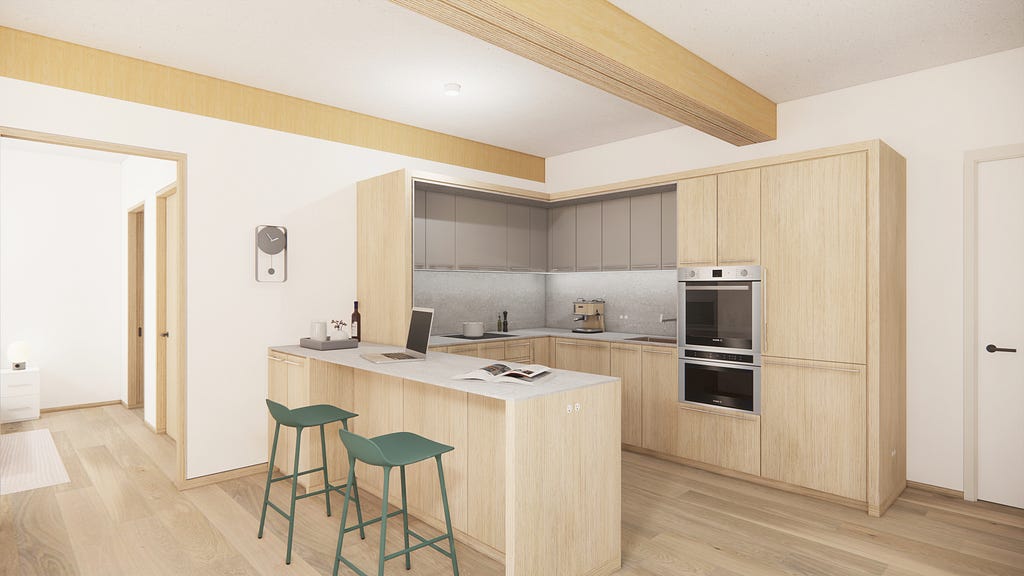 A rendering of a kitchen design