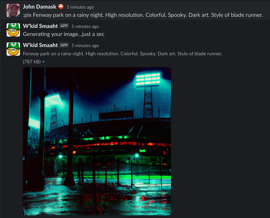 Image of using W’kid Smaaht’s DALL E 2 integration to create an image from the prompt, “Fenway park on a rainy night. High resolution. Colorful. Spooky. Dark art. Style of blade runner”