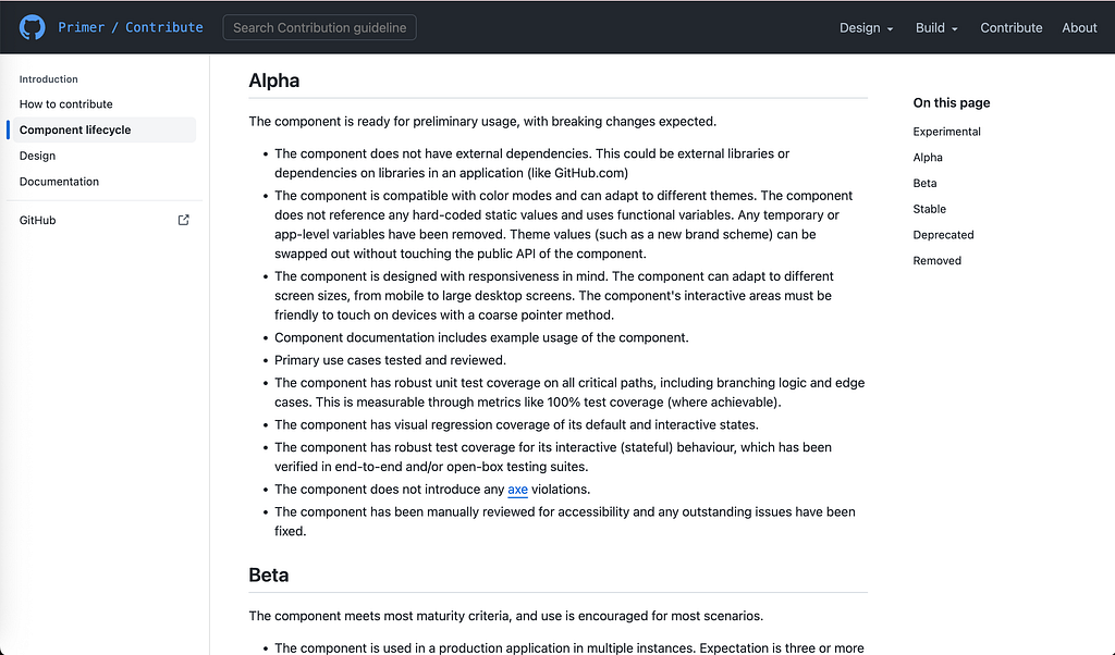 Primer’s component lifecycle page, Alpha criteria. The list includes two consecutive requirements: the component does not introduce any axe accessibility violations, and the component has been manually reviewed for accessibility with any outstanding issues fixed.