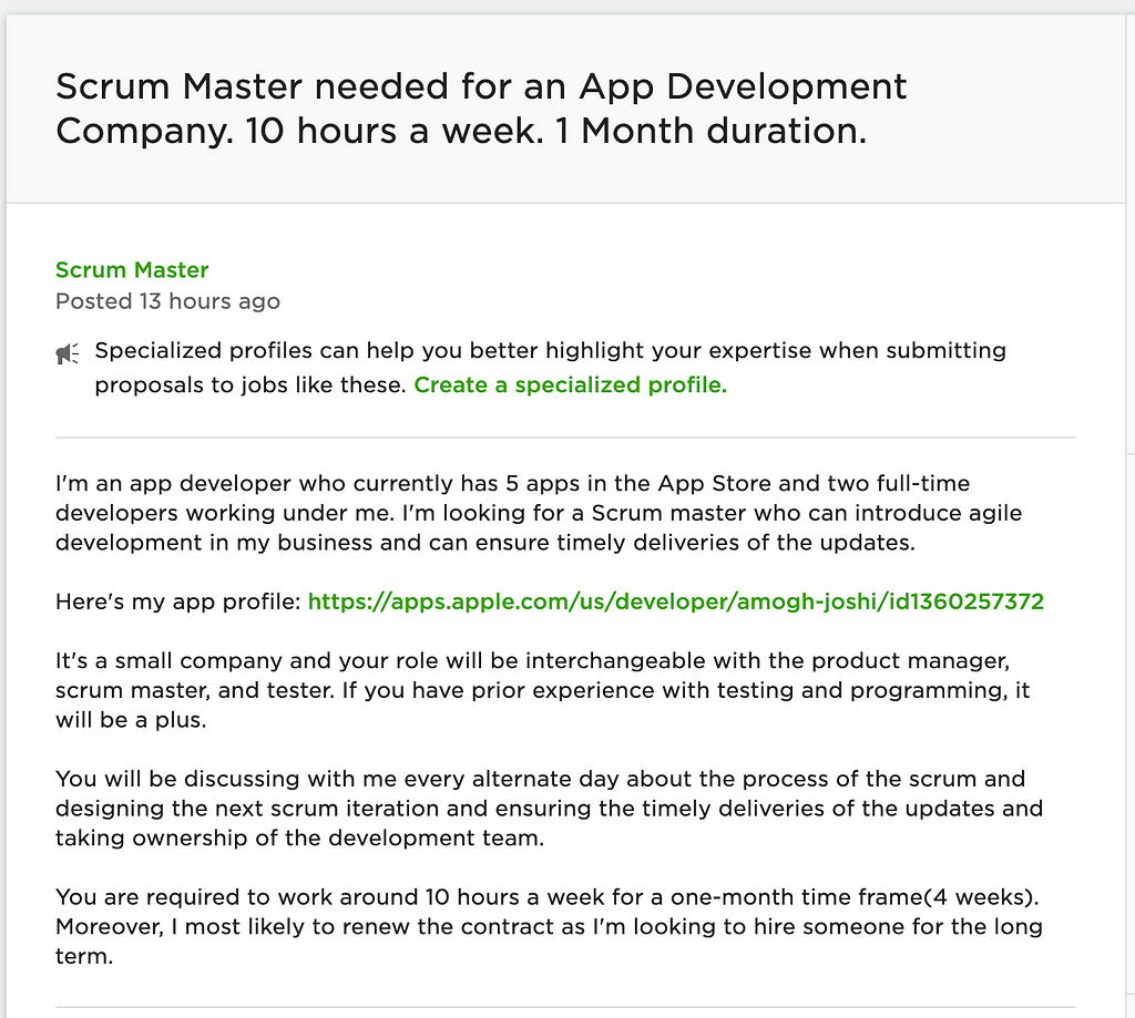 Scrum Master / Project Manager for 10 hours a week.