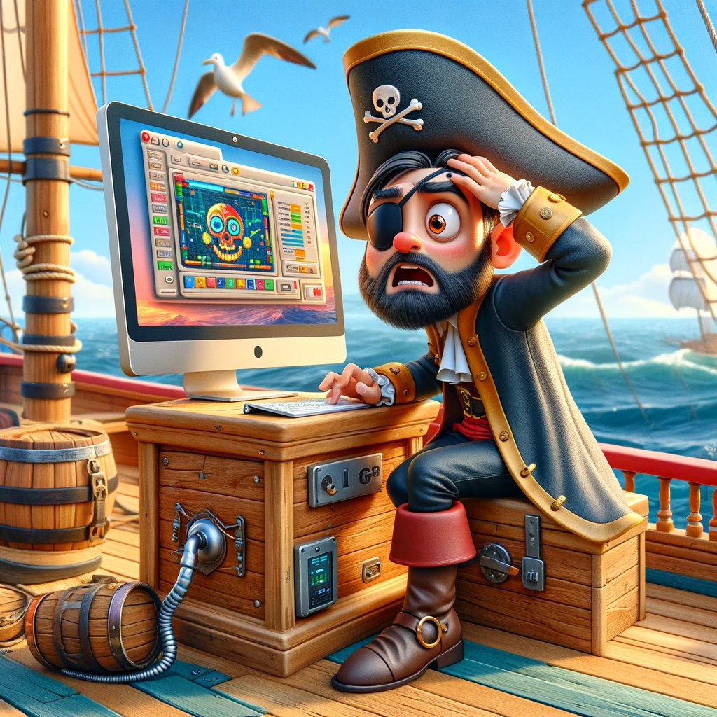 Pirate using a computer on a sailboat to find treasure with AI