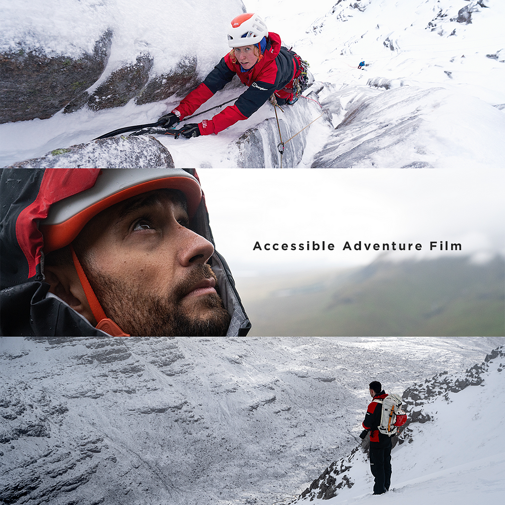 A montage of three panoramic images on top of each other. The first is Morag Skelton, a female in her mid twenties with red hair. She is looking up at the camera whilst climbing on snow and ice caked rock on a cliff using ice axes. The second is Adam Raja, a mixed race man in his early thirties. He’s in close up wearing a white helmet with a red and black waterproof jacket hood on top of it. The third shows Hamish Frost, a man in his thirties, standing on a snowy mountain slope.