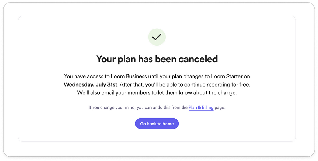 Screenshot of ‘Your plan has been canceled’ confirmation page on desktop
