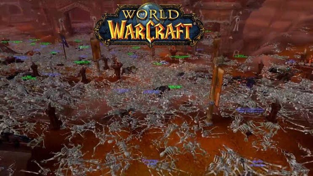 A scene from world of warcraft showing a sea of bones cause by the spell corrupted blood