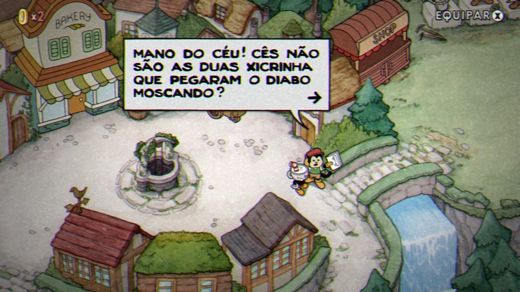 Balão de fala com o texto: “mano do céu! cês não são as duas xicrinha que pegaram o diabo moscando?”