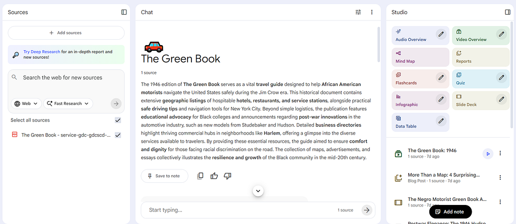 A research workspace interface showing sources on the left, a text summary about The Green Book in the center, and content tools on the right.