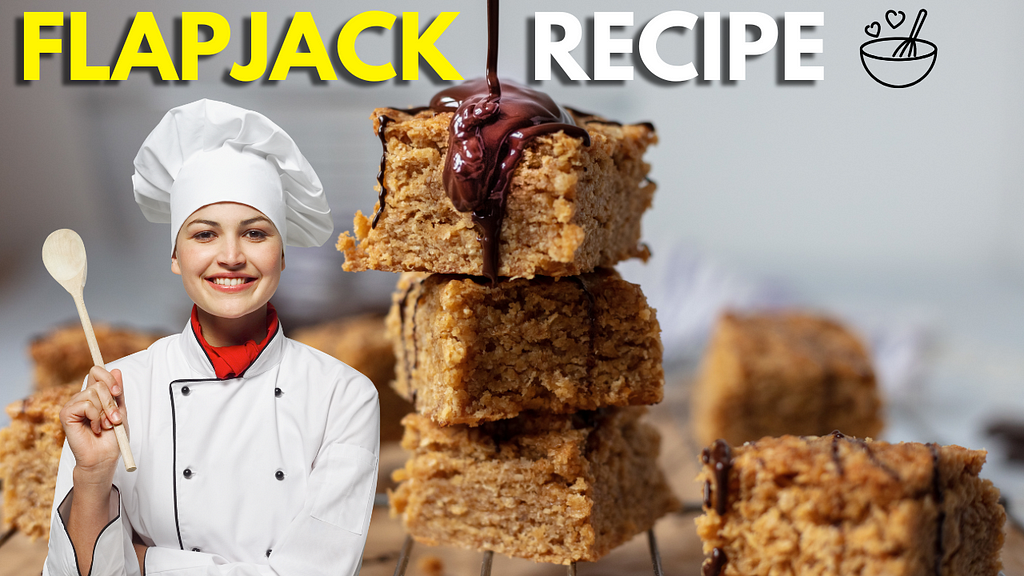 A plate of freshly baked healthy flapjack recipe, golden brown and cut into squares, garnished with a drizzle of honey and fresh berries.