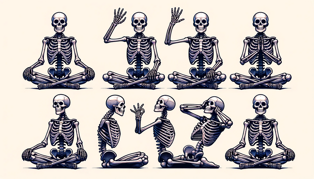 Illustration of a horizontal snapshot sheet where a highly detailed skeleton character with identical features is showcased in different activities. The skeleton is seen waving, sitting cross-legged, lying down, and stretching. Each snapshot captures the intricate bones and structures of the skeleton in its activity, with its facial and body features consistently portrayed across the sheet.