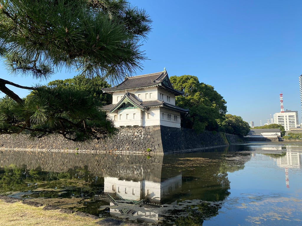 An corner photo of the tokyo palace space surrounded by trees and a river