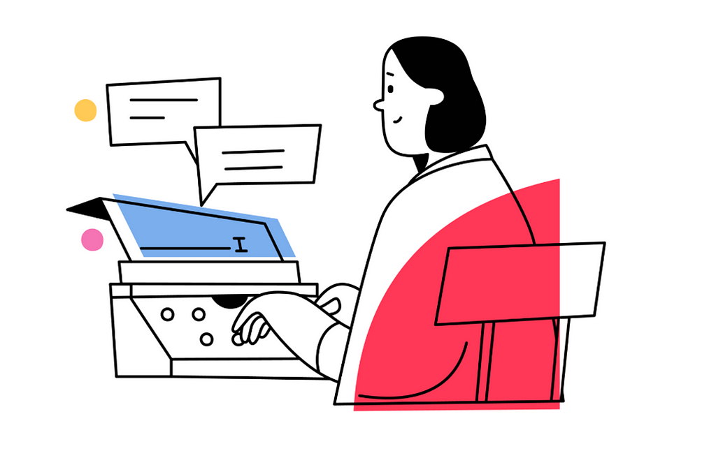 A stylized illustration depicts a woman working at a desk. She faces a blue laptop, typing, while two speech bubbles, suggesting communication or digital correspondence, float above the device. She wears a white and red outfit with a distinct red folder or document behind her. The scene represents a professional setting, possibly denoting remote work or digital communication.