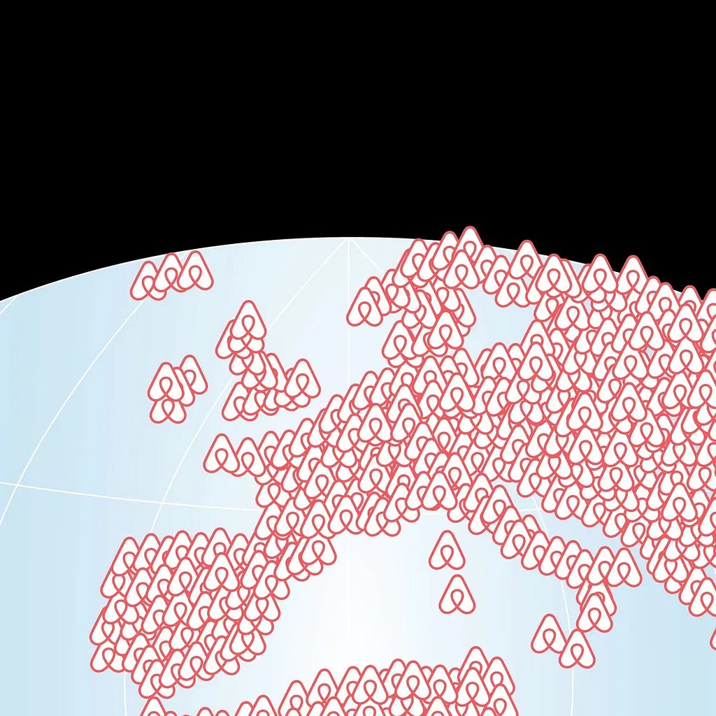 Graphic of the top half of the globe, with land of central Europe mapped out with the airbnb Logo