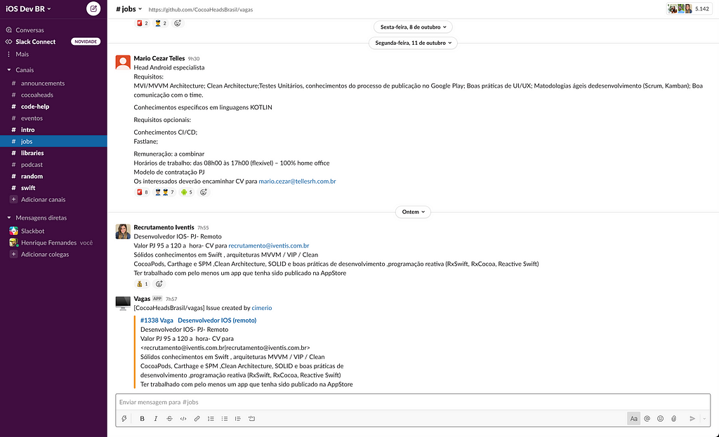 Uma imagem do canal jobs no workspace iOS Dev BR